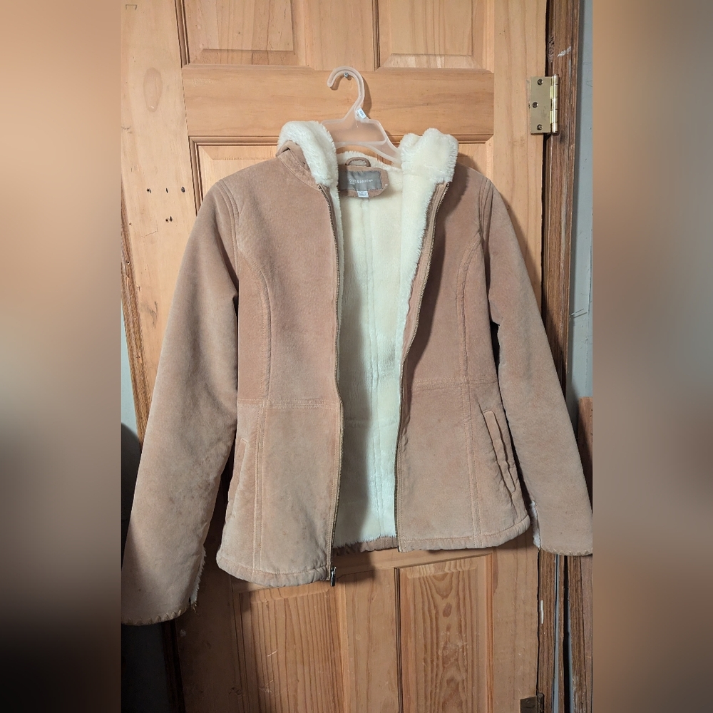 Ladies Croft & Barrow Beige Hooded Suede Coat - M